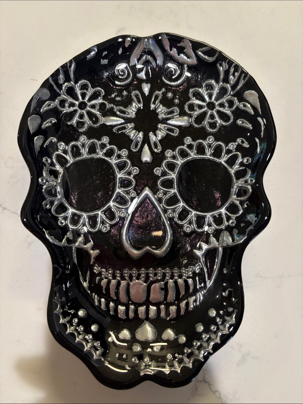 Black Sugar Skull Decorative Dish with Silver Accents